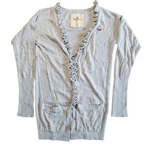Hollister Long Sleeve Cardigan, Gray, Ruffle Front, Long Length, Size M